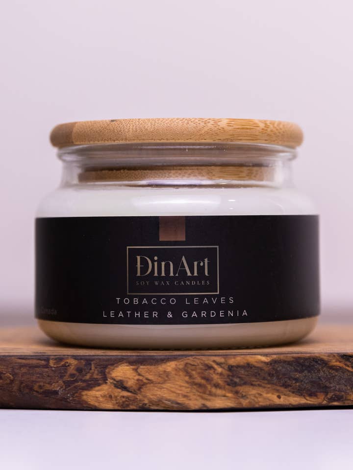 Tobacco leaves with Leather Suede & Gardenia Soy Wax Candle for wholesale by DinArt Candles