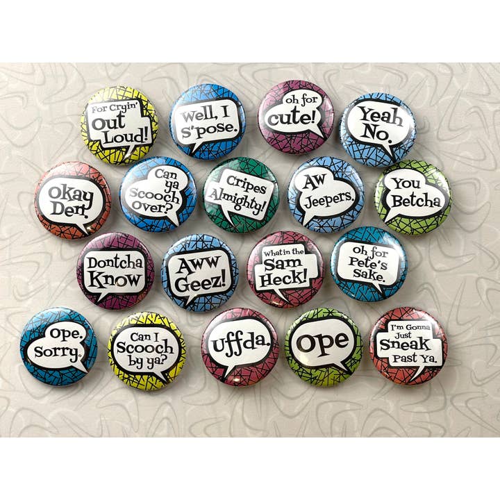 Beckamade - Wholesale Lapel Pin/Button - 18 Comic Style Midwest Sayings 1.25 inch Round Button Pins8