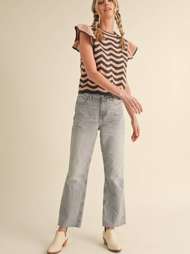 &MERCI - Wholesale Knit Sweater - Women's - WAVY STRIPES FLUTTER SLEEVE SWEATER TOP MSW1050954