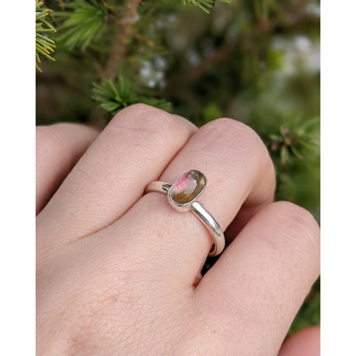 Le Tourbillon Minéral - Vente Solitaire - Bague Tourmaline Melon D'Eau Et Argent Massif T56