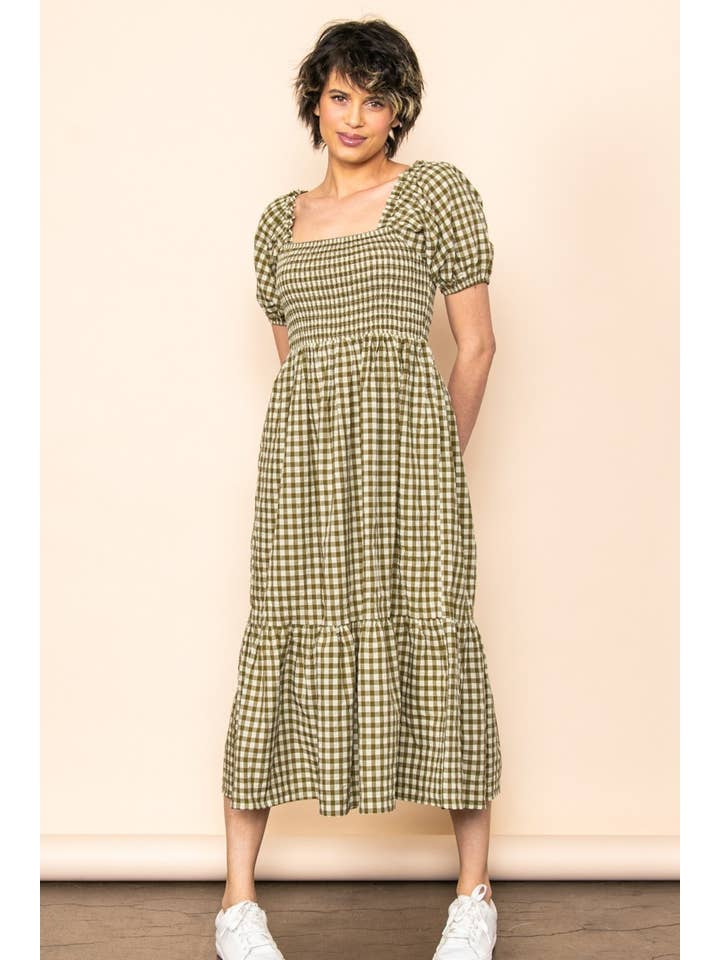 Elloh Collection - Wholesale Dress - Women's - Gingham Puff Sleeves Smocked Chest Midi Dress with Pockets5