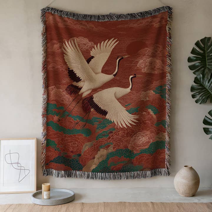 Japanese Crane Woven Blanket – Red Sun Asian Tapestry Throw por atacado de CasaIuliia
