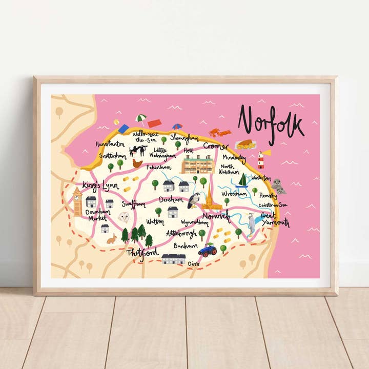 Norfolk illustrerad karta konsttryck | A5 A4 för wholesale av Emily Nelson