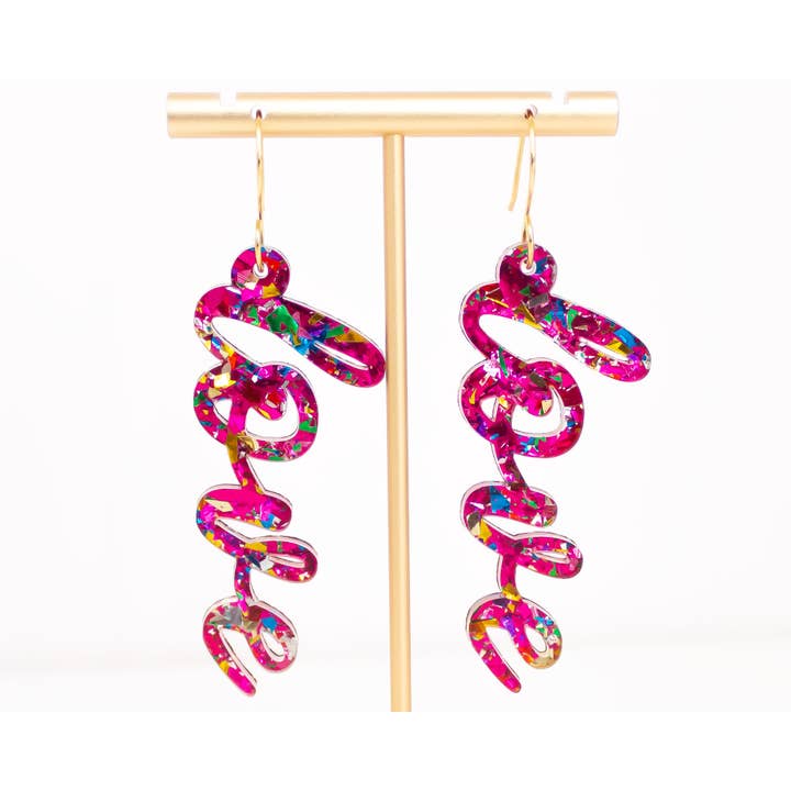 Love Earrings, Pink Acrylic Dangles, Valentines Earrings for wholesale by Momenti di Vita