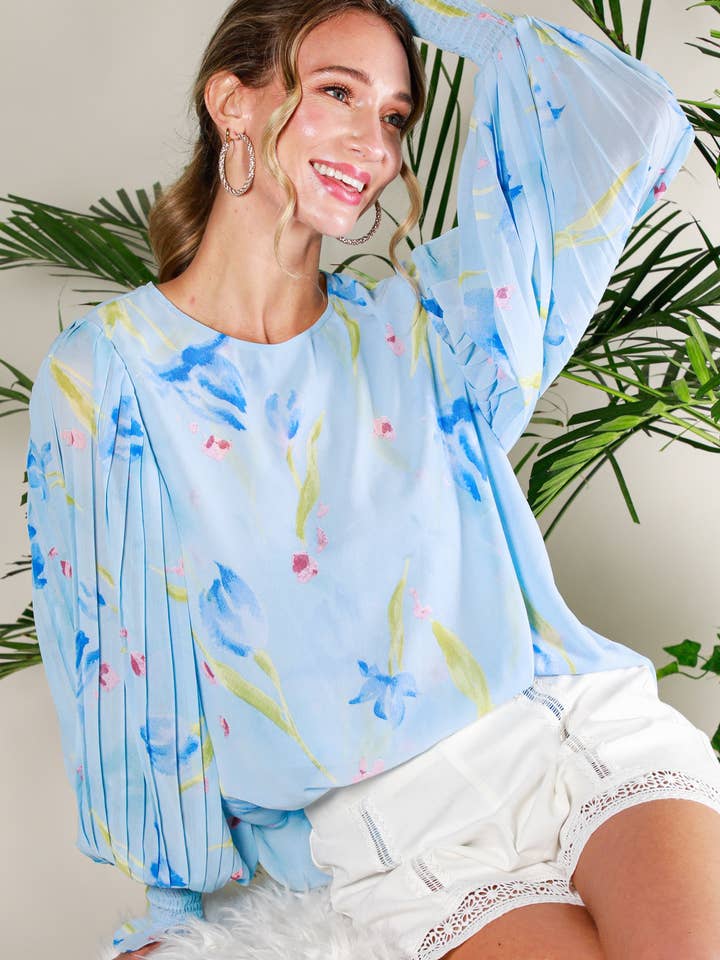 Pleated Lantern Sleeve Floral Printed Blouse VT81946A for wholesale by Vine & Love