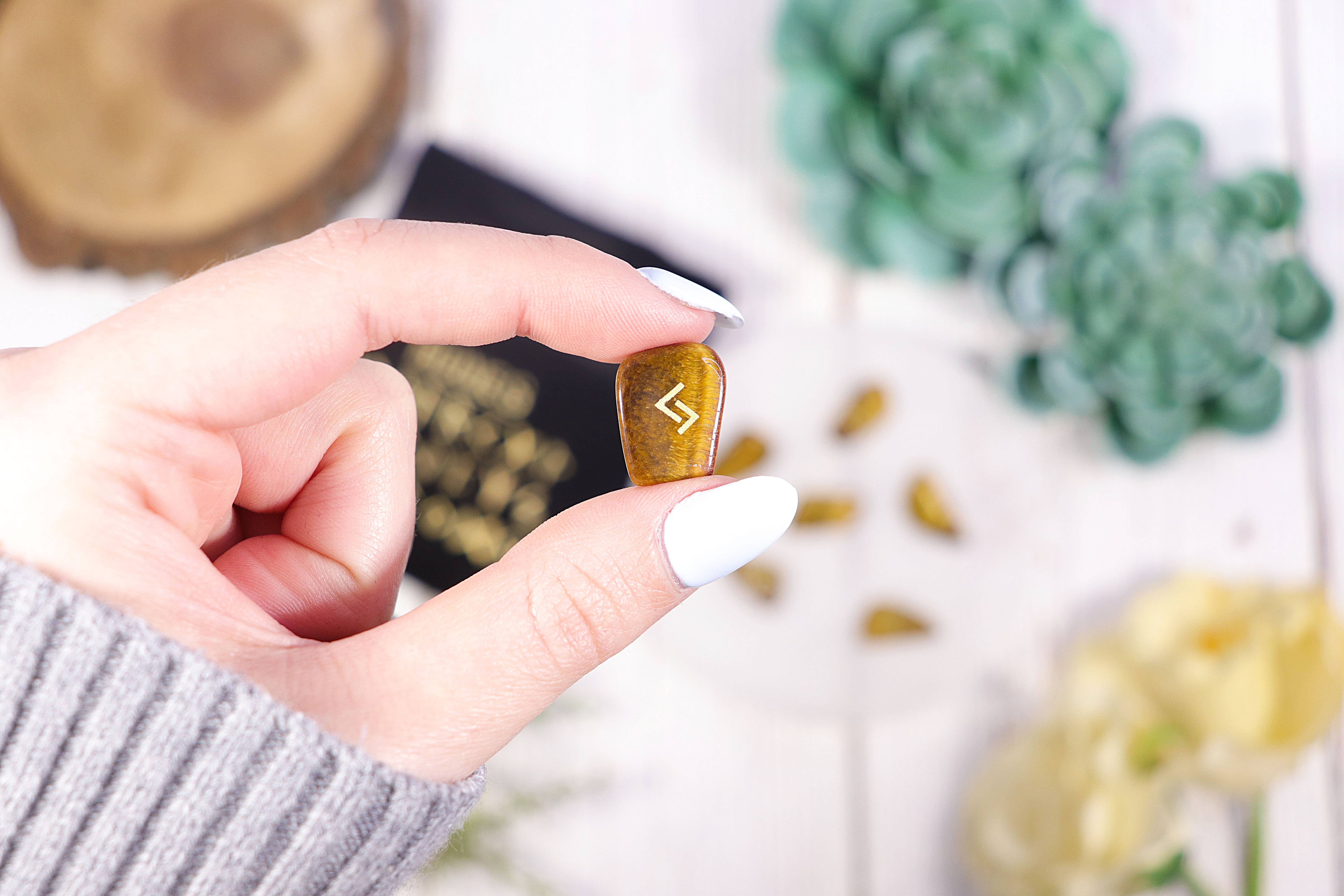 Natures Artifacts Inc - Wholesale Spiritual Stone/Crystal - Tiger's Eye Rune Stone Set in Velvet Bag with Info card2