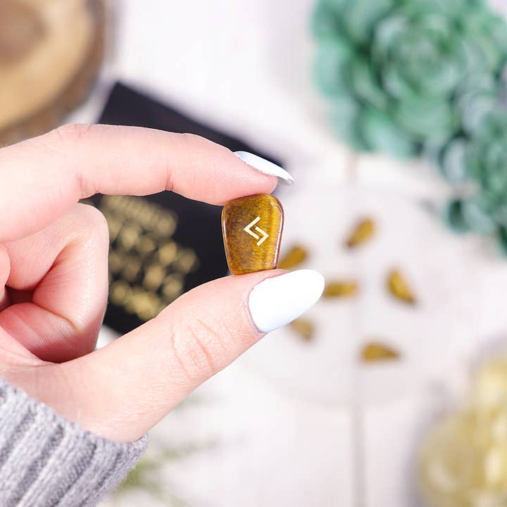 Natures Artifacts Inc - Wholesale Spiritual Stone/Crystal - Tiger's Eye Rune Stone Set in Velvet Bag with Info card2