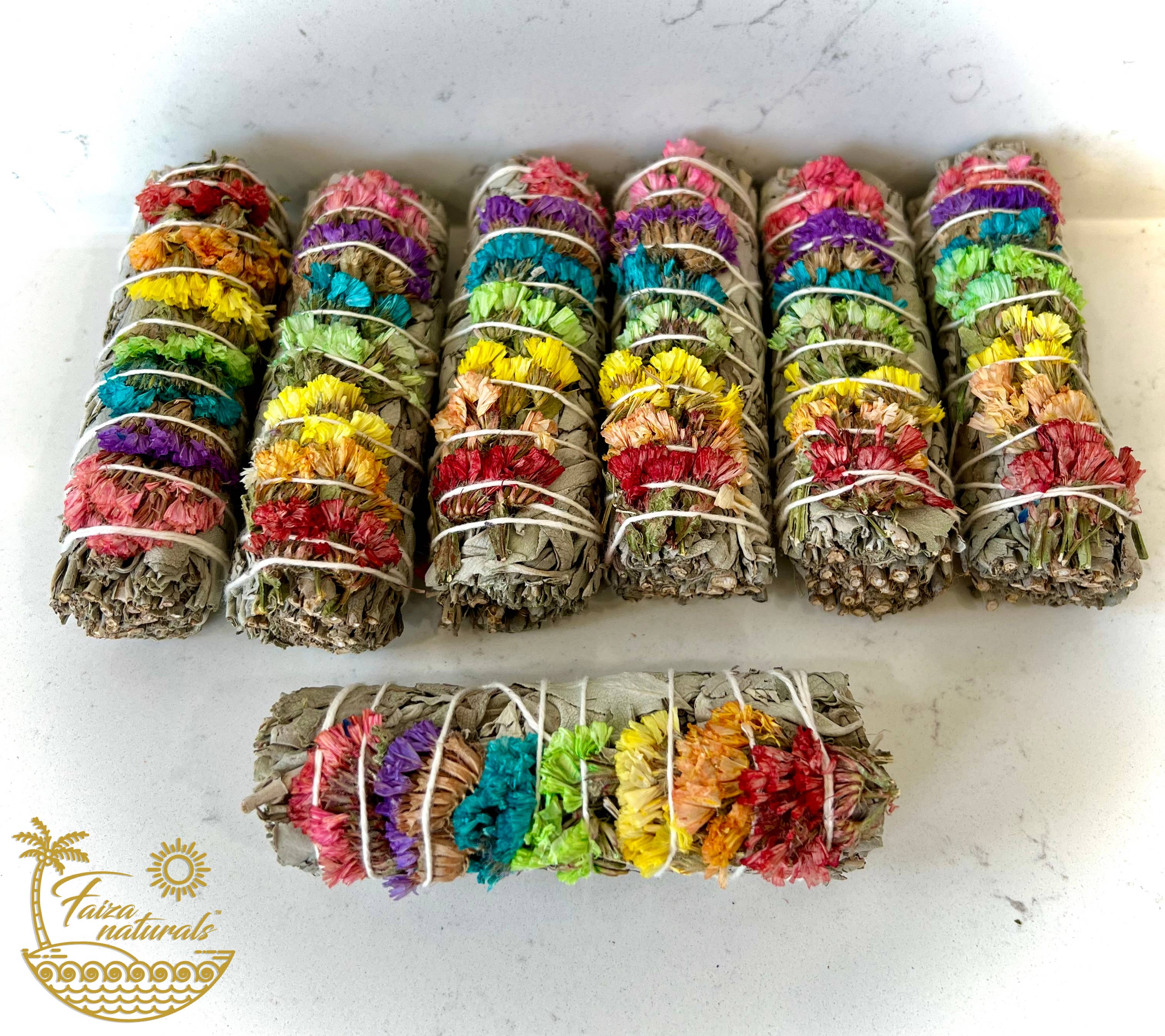 Faiza Naturals - Wholesale Sage Bundle - 7 Chakra Sinuata Flower White Sage Bundles from California1