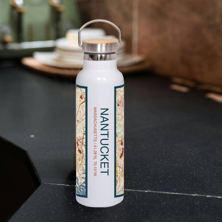 Nantucket MA Map Bottle with Bamboo Top in Woodblock for wholesale by JACE.design