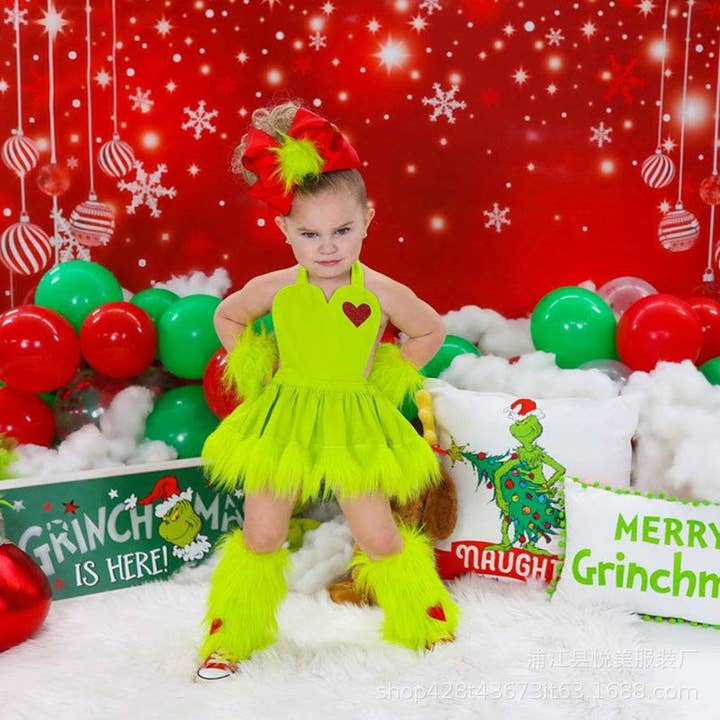 2-9Y Kids Girls Christmas Costume Green Fur Grinch Princess Dress Wholesale Kids Boutique Clothing for wholesale on Faire