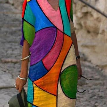 KK Bloom - Wholesale Dress - Women's - Summer Women's Printed Fashion V-neck Loose Plus Size Dress