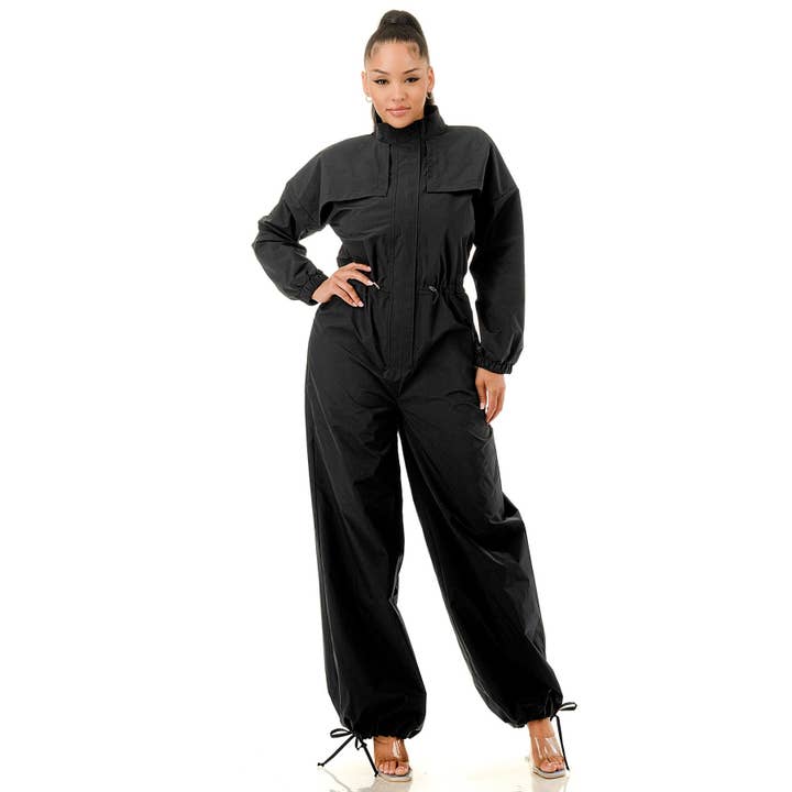 Mono cargo de pierna ancha con cremallera frontal y cintura con cordón para venta al por mayor de DORCAS