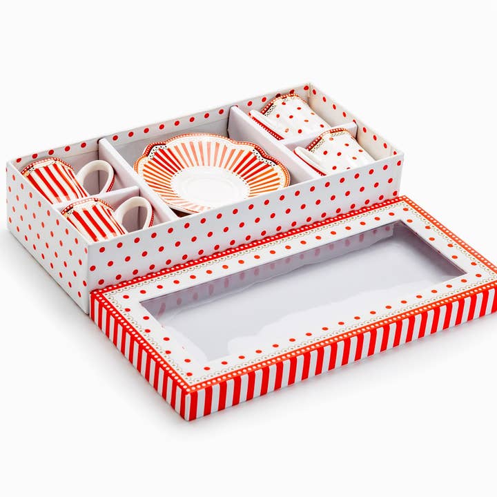 Grace Teaware - Wholesale Coffee/Tea Cup - Red Josephine Stripes and Dots 2oz Espresso Cups and Saucers7