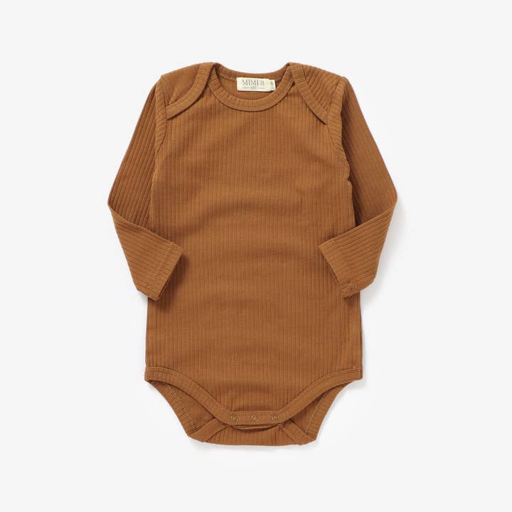 The Coby - Burnt Umber- Long sleeved organic cotton bodysuit for wholesale on Faire