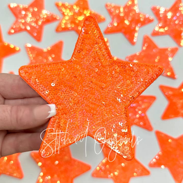 Orange 5" Sequin Star Patch, Iron on Patch, DIY Patch for wholesale by Stitched Originals