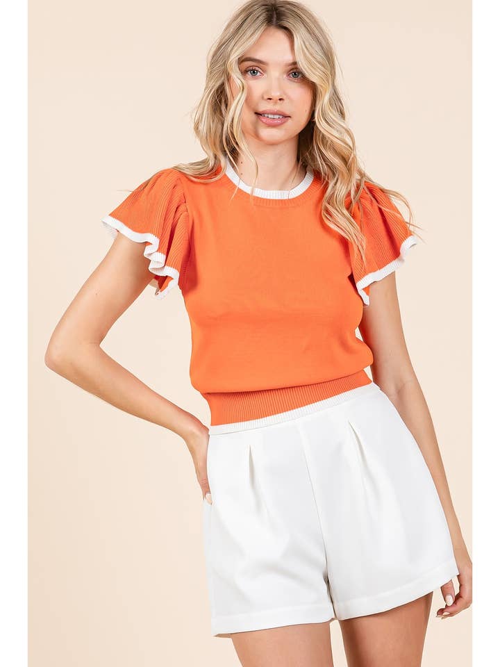 mittoshop - Wholesale Knit Top - Women's - SWEATER KNIT RUFFLE SLEEVE CONTRAST CROP TOP