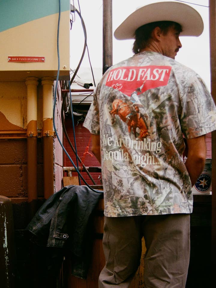 Los Sundays Tequila - Wholesale Screen Printed T-Shirt - Unisex - The Hold Fast Tee - Camo/White1