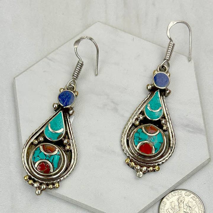 ER240722-10 Oorbellen van Duits zilver met blauw turkoois en rood koraal voor wholesale door Western Elite Jewelry