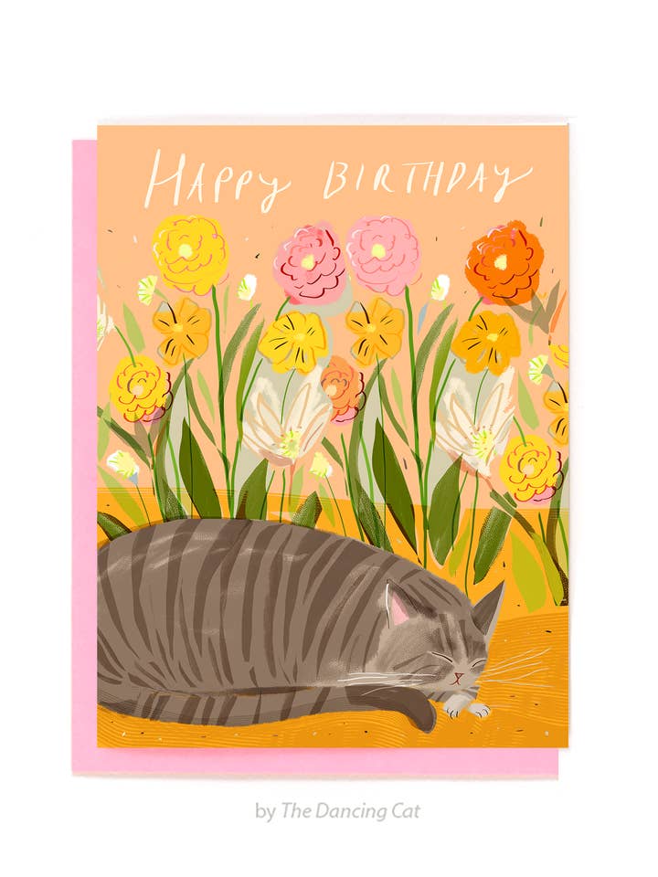 Happy Birthday Card - Garden Dreaming Cat - Blank Inside for wholesale by The Dancing Cat