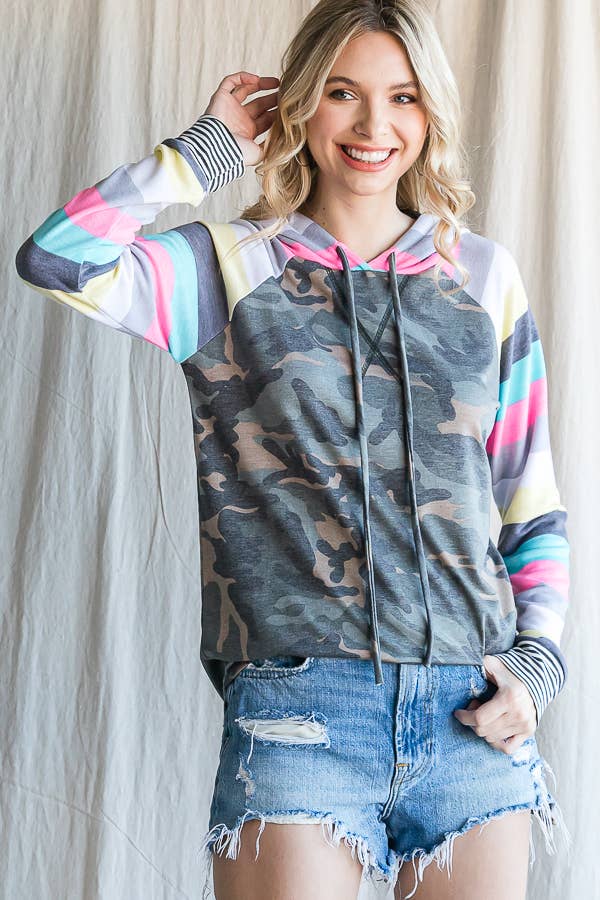 7th Ray - Wholesale Hoodie - Women's - Camo Print Stripe Raglan Sleeve Drawstring Hoodie T45495