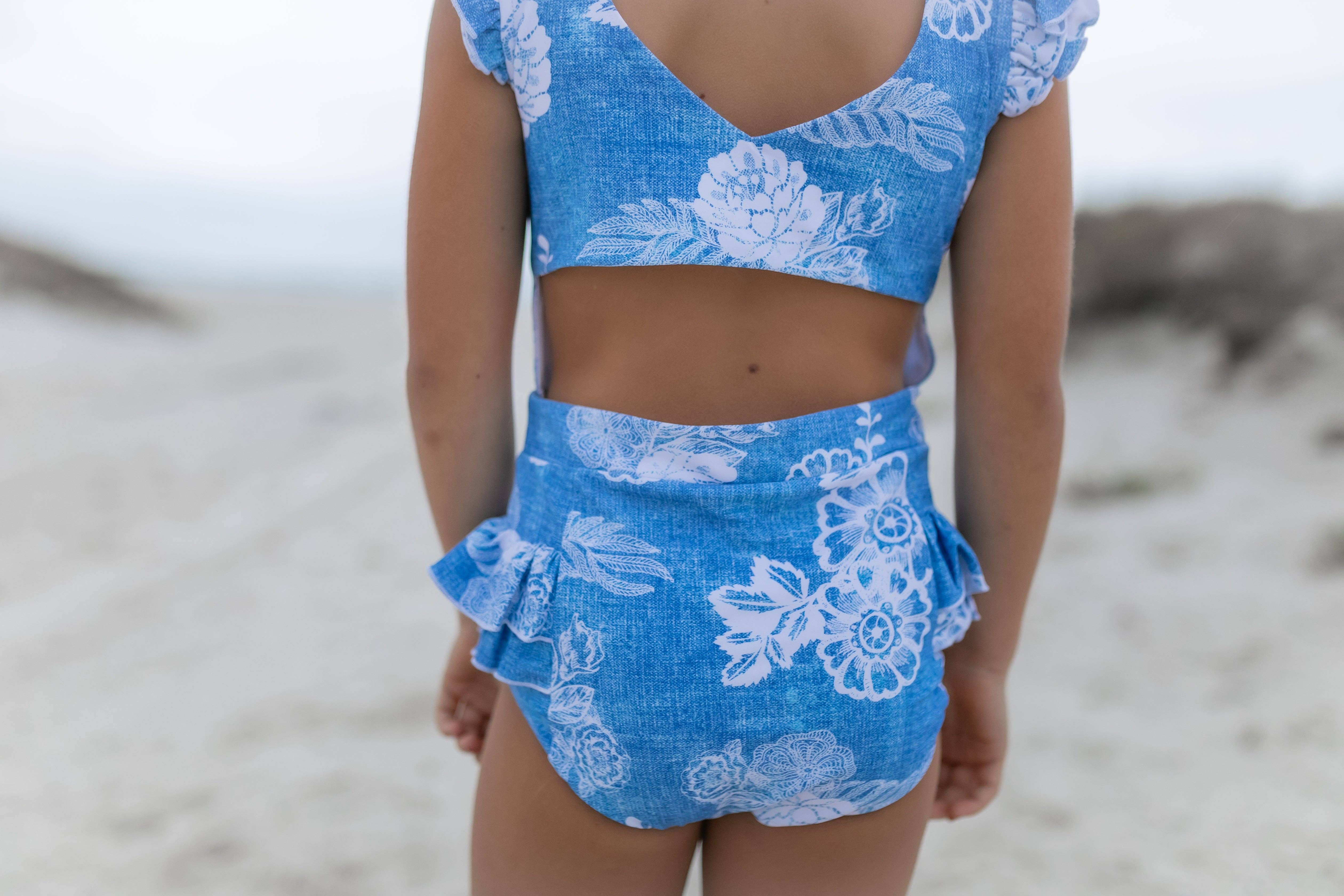 Oopsie Daisy - Wholesale One Piece Swimsuit - Kids - Kids Blue Floral Open Back One Piece Ruffle Swimsuit3