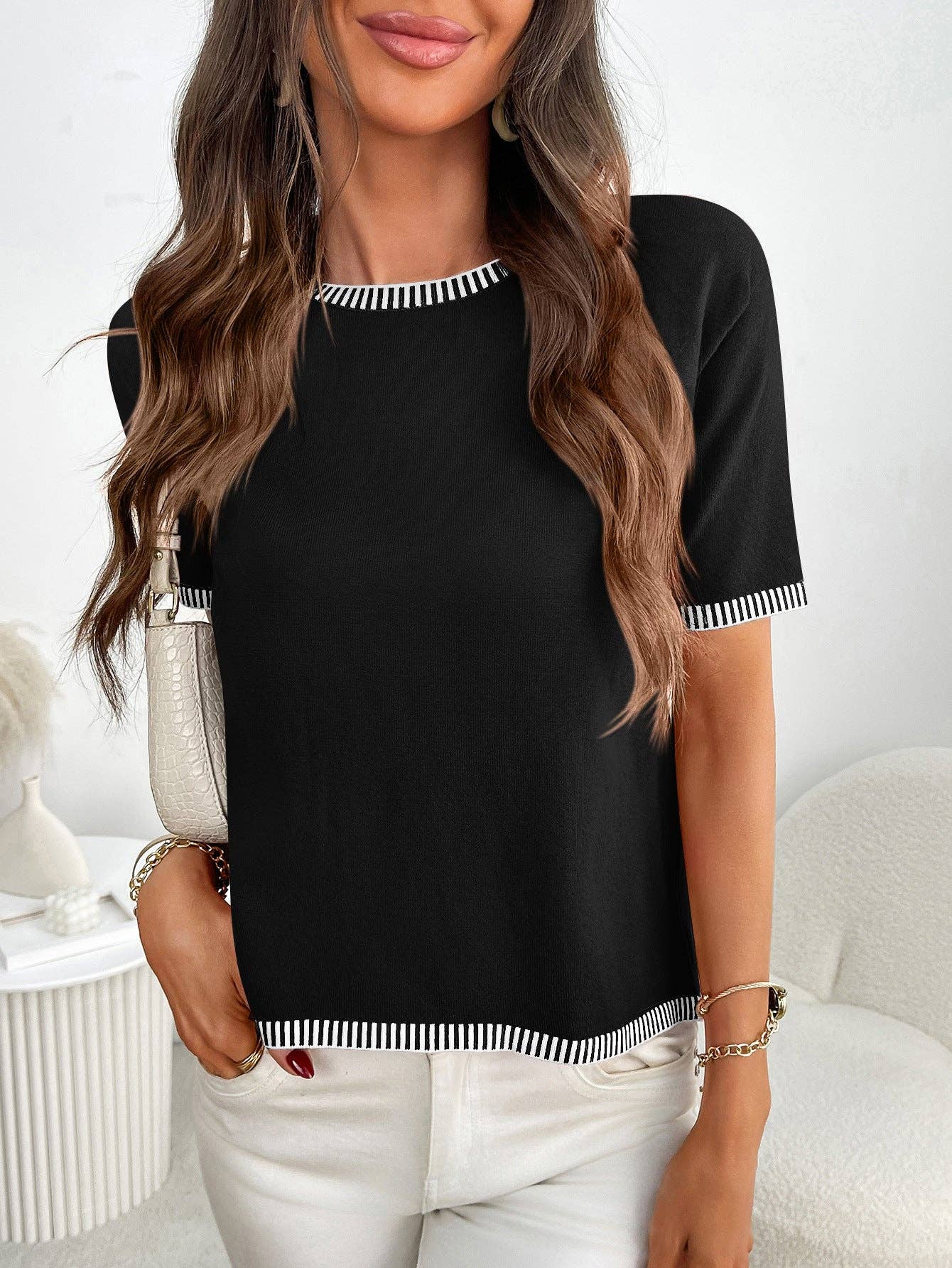 Lovesoft - Wholesale Knit Top - Women's - Women’s Striped Trim Short Sleeve Knit Top Pullover Tee6