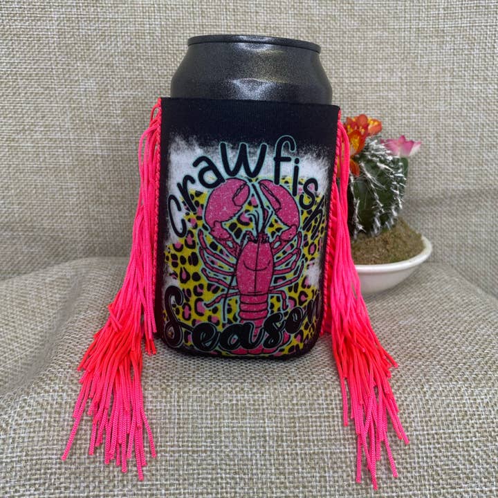 Regular Pink Cheetah Crawfish Season Fringe Koozie for wholesale by RAD Wholesale