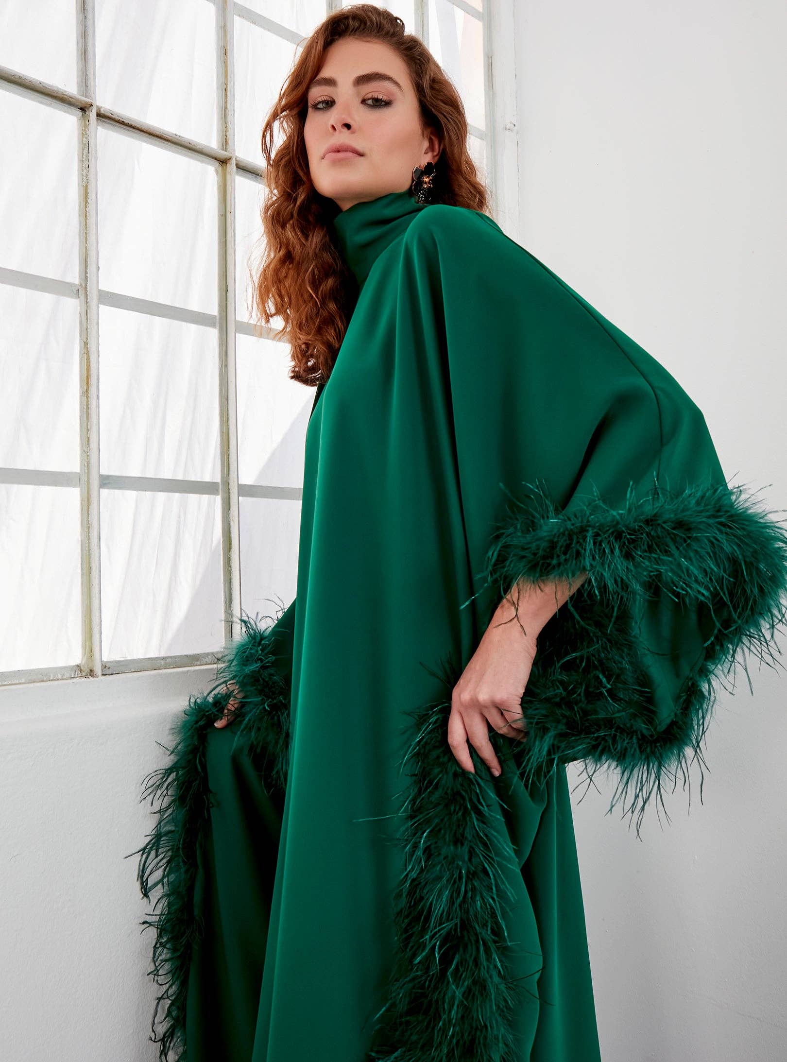 Store WF – wholesale Kaftan – Women's – Feather Trimmed Emerald Kaftan Dress6