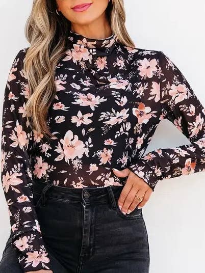 Black Floral Mesh Mock Neck Long Sleeve Slim Fit Top for wholesale on Faire