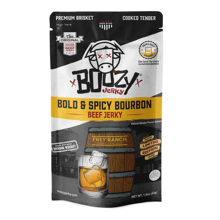 Bold & Spicy Bourbon 8oz "Growler Bag" Brisket Jerky for wholesale by Boozy Jerky