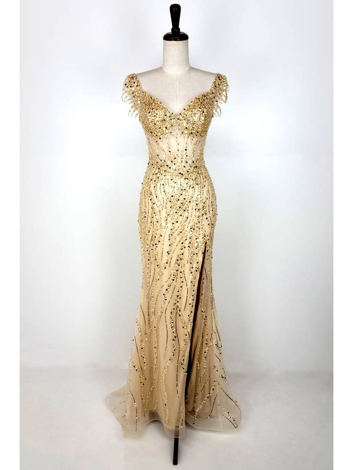 Chicas - Wholesale Gown - Women's - Off the Shoulder Sequin and Bead Long Dress C3315