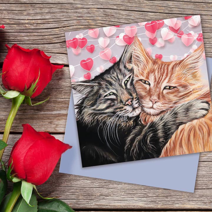 Carte de Noël Chats - Chats Maine Coon Câlins pour la vente par Irisha's Card Art