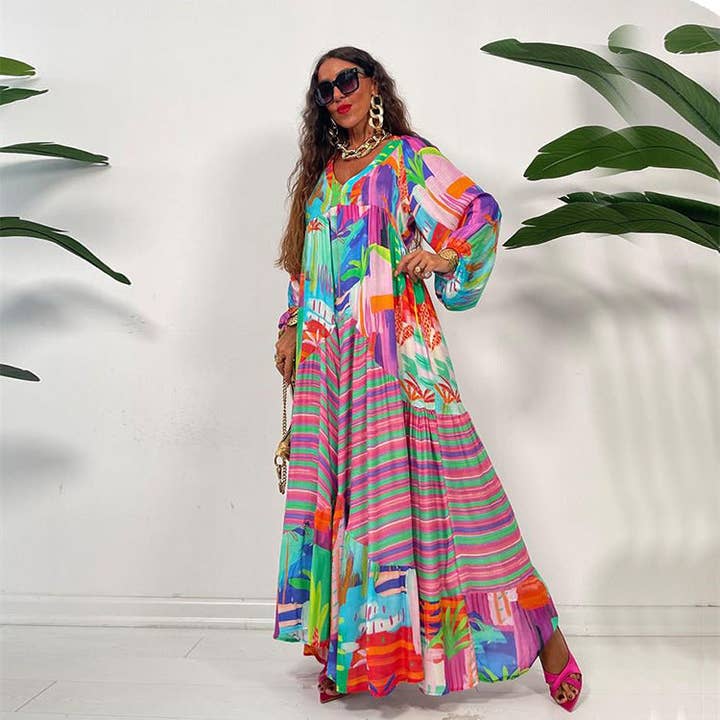 Multicolor Oversized V-Neck Color Blocking Graphic Printed Vintage Boho Maxi Dress for wholesale on Faire2