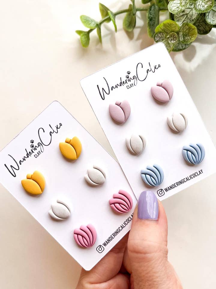 Spring Tulip Floral Garden Handmade Clay Earrings for wholesale by WanderingCalicoClay