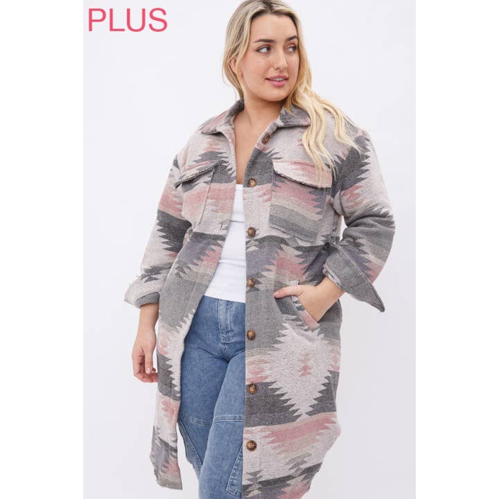 Sweet Generis - Wholesale Shirt Jacket/Shacket - Women's - PLUS LONG TRIBAL AZTEC BUTTON DOWN SHIRT JACKET SHACKET12