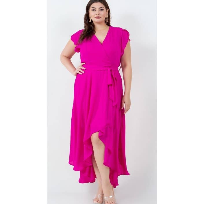Curve Market - Wholesale Dress - Women's - PLUS SIZE SURPLICE WRAP RUFFLE SLEEVE MIDI DRESS