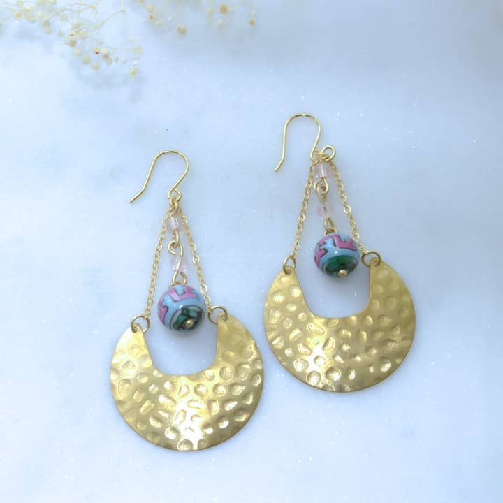 Moxie Collective (formerly Atonement Design) - Wholesale Dangle Earrings - Vintage Porcelain Hand Painted Pink and Blue Geometric Bead