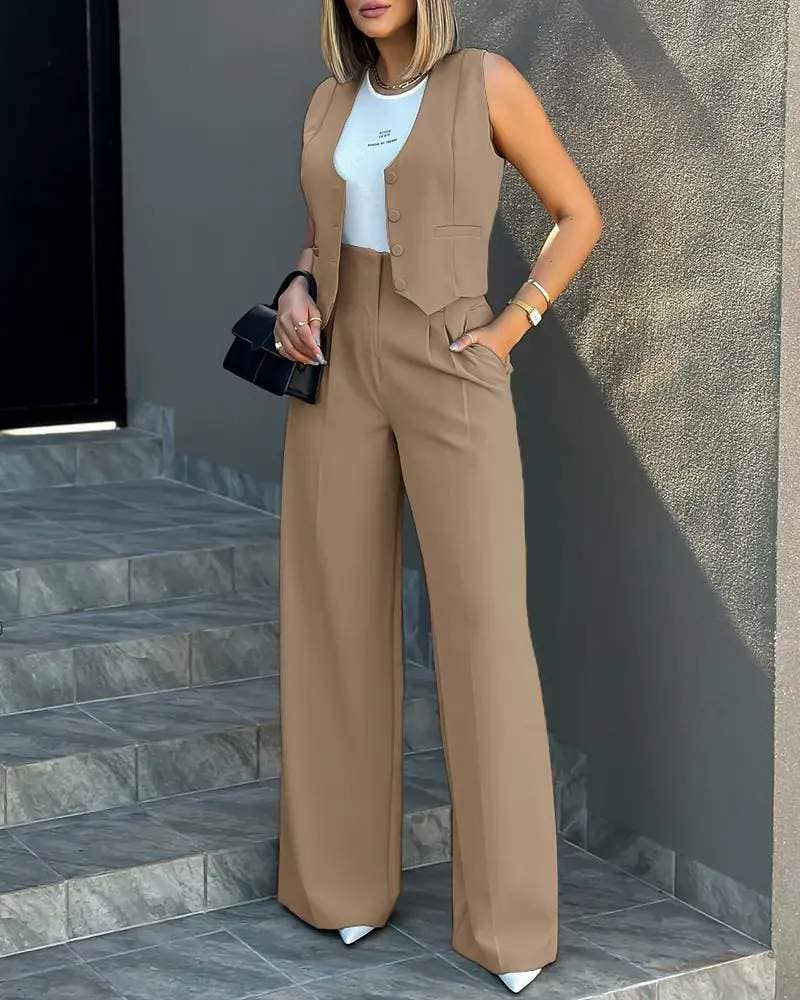 Flarix - Wholesale Top & Pant Set (NOT Loungewear) - Women's - buttoned vest top wide leg pants set4