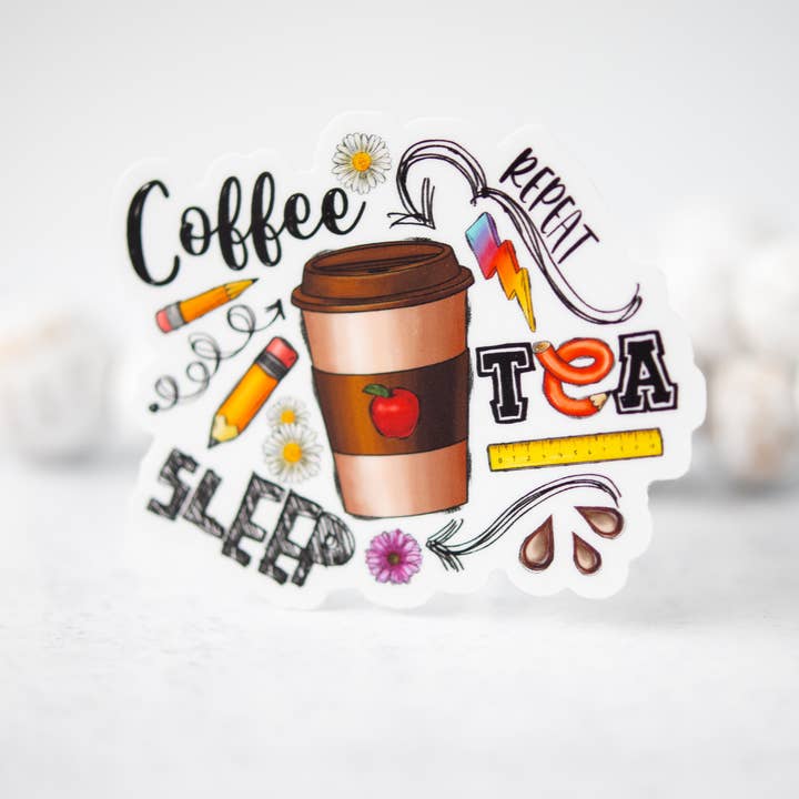 Koffie, thee, slaap, herhaling, vinylsticker, 3x3 in. voor wholesale door Savannah and James Co