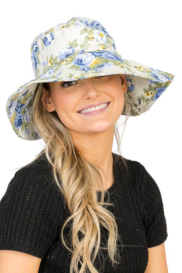 Cap Zone – Engroshandel Bucket hat - Dame – Solhat med stort skyggefelt i bucket-stil med blomsterdesign på begge sider3