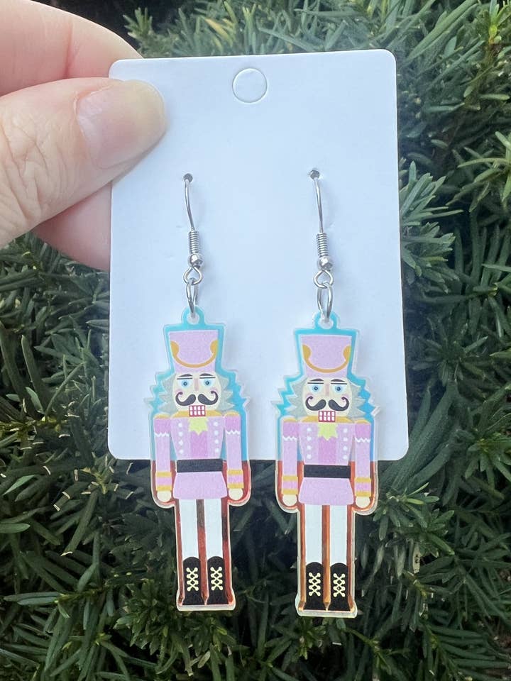 Pink Nutcracker Christmas Holiday Acrylic Earrings for wholesale by Baubles by B