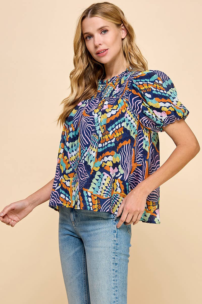 Blue CT8923-TCEC Printed Puff Sleeve Top  for wholesale on Faire2