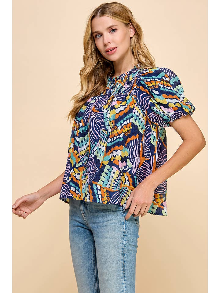 Blue CT8923-TCEC Printed Puff Sleeve Top for wholesale on Faire2