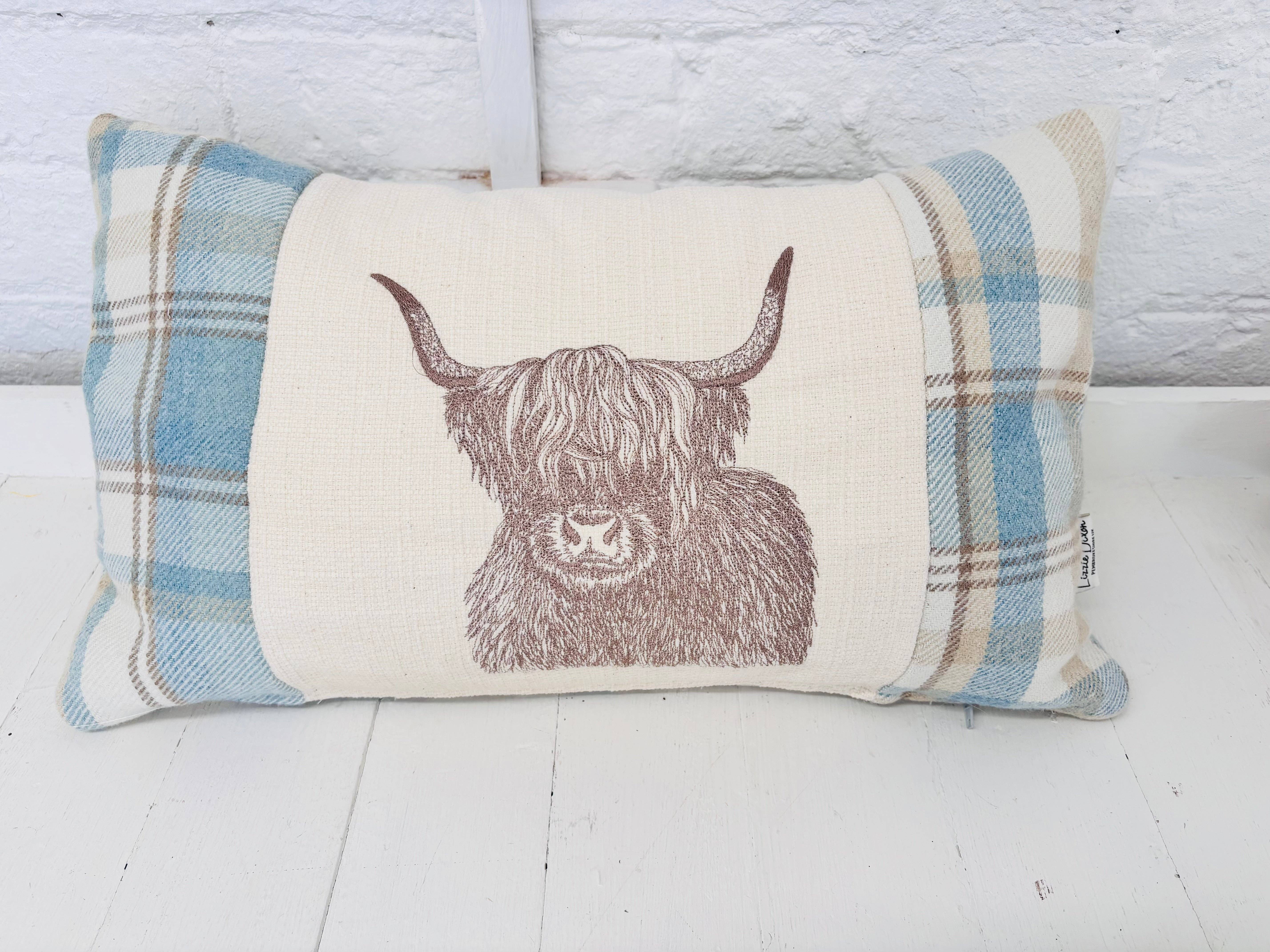 Lizzie Dixon Designs – wholesale Throw/decorative pillow – Highland Cow Cushion- Skye Blue wool Long Cushion