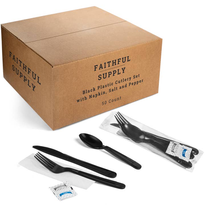 Black Plastic Cutlery Packets - 750 ct Individually Wrapped with Fork, Knife, Spoon and Salt/Pepper Packets for wholesale on Faire12