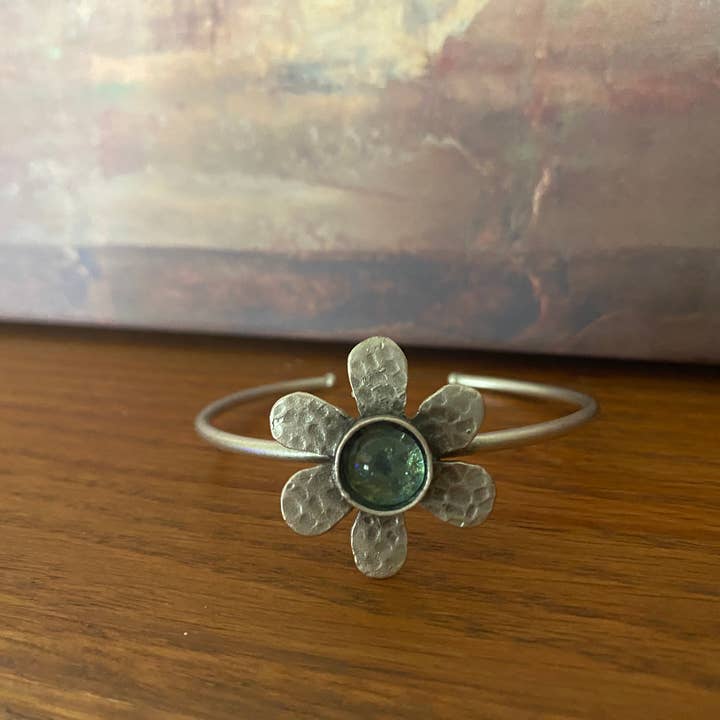 Antique Ball jar silver flower Cuff bracelet adjustable for wholesale by Peppermint Charms