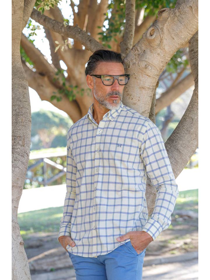 Custi Mikelo: Men's Clothing & Christmas Gifts – Engroshandel Skjorte med buttondown – Mænd – Gul Skjorte Blåt Ternet | Madrid2