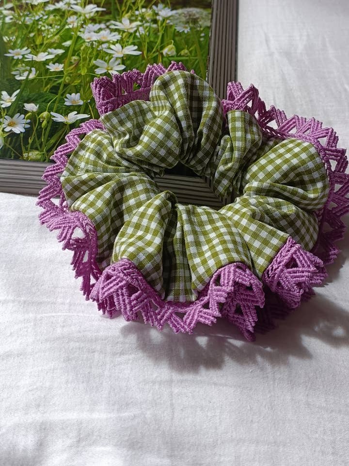 Green gingham with purple lace Scrunchie for wholesale by Elves and Fairies