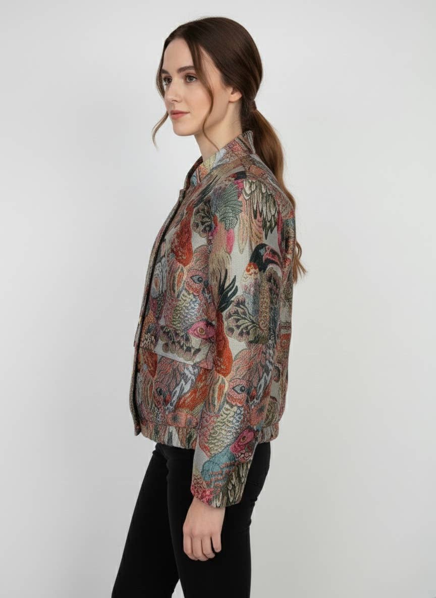 KZELL PARIS - Vendita all'ingrosso Giacca - Donna - Giacca con motivo jacquard metallico a uccelli multicolori1