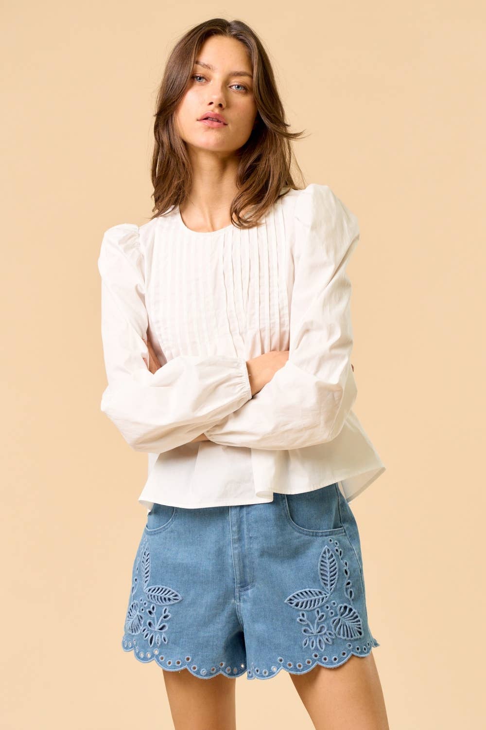 OFF WHITE  ILT6227 Puff Sleeve Pleated Top for wholesale on Faire3